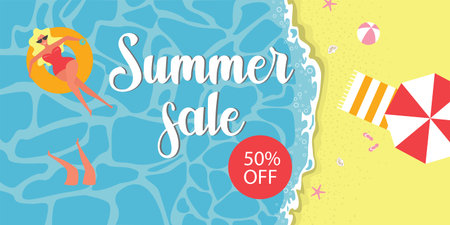Summer banner, summer sale. Flat vector illustration with women on inflatable circles on the sea...