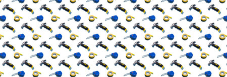 Hammer, tape measure and duct tape, pattern on a white background. Construction tools, repairs....