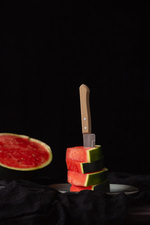 Pieces of watermelon on a black background and a knife. Rustic style.