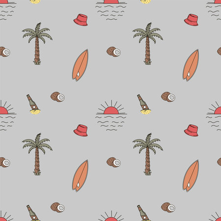 Hand drawn vector seamless pattern. Waves, palm trees, leaves