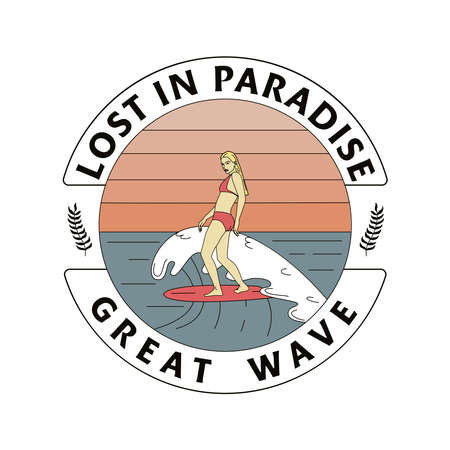 A hand-drawn badge with a woman on a surfboard, waves and an inscription. Surf concept. For t-shirt prints, posters and other uses.のイラスト素材