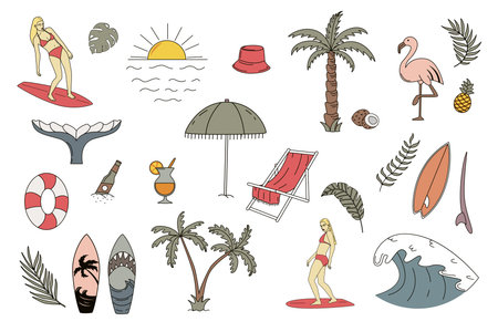 Hand drawn vector seamless pattern. Surfer woman, sun, coconuts and leaves.