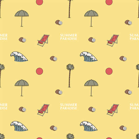 Hand drawn vector seamless pattern. Beach umbrella, chaise longue, sun and waves.のイラスト素材