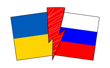 Vector poster with Russian and Ukrainian flags. Concept of Ukrainian and Russian military crisis, conflict between countries. stop war sign.のイラスト素材