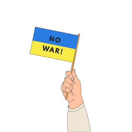 The hand holds the flag of ukraine. The inscription on the flag NO WAR.のイラスト素材
