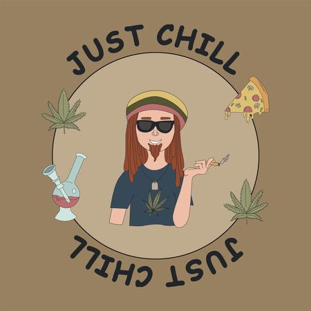 Rastafarian, marijuana leaves, pizza and the inscription JUST CHILL. Flat vector illustrations for t-shirt prints, posters and other uses.のイラスト素材