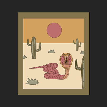 Snake and cactus. The concept of the desert. Hand drawn flat vector illustration.