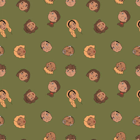 Seamless pattern with people's faces in the duddle style. Hand drawn flat vector illustration.のイラスト素材