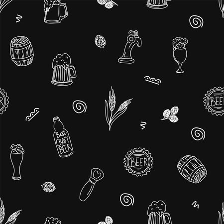 Seamless pattern with beer mugs and spikelets. One-color contour flat vector illustration, hand-drawn.のイラスト素材