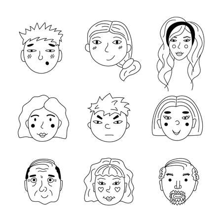 A set of people's faces in the style of duddle. Hand drawn outline vector illustration.のイラスト素材