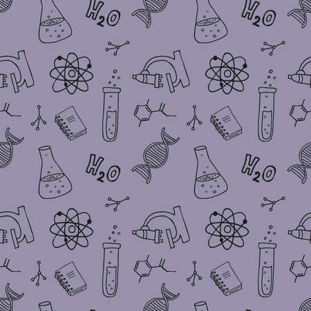 Seamless pattern with hand-drawn elements on the theme of science. Test tubes, DNA, flasks and more in doodle style.のイラスト素材