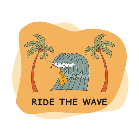Ride the wave. Palm trees, wave and surfboard in doodle style. Hand-drawn vector illustration. Surf concept.のイラスト素材