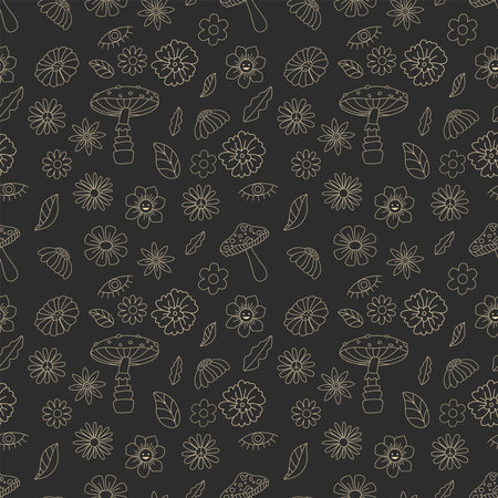 Seamless pattern with mushrooms and flowers, hippie concept. Hand drawn flat vector illustration.のイラスト素材