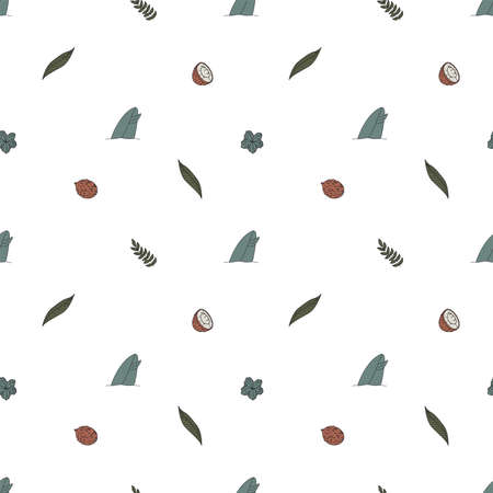 Seamless pattern with elements for surfing. Palm trees, waves and surf boards in the doodle style. Print for textiles, clothing, packaging paper.のイラスト素材