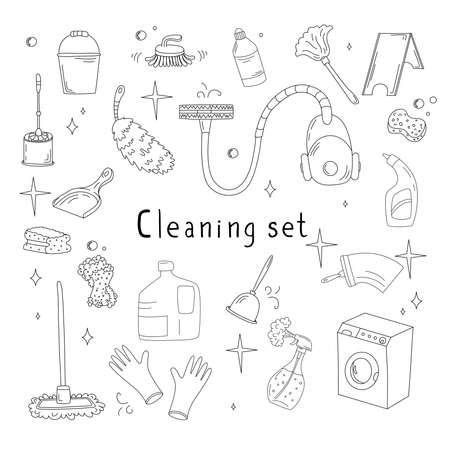 Hand-drawn set with elements of cleaning products. Vacuum cleaner, mops, gloves, rags and more in the doodle style.のイラスト素材