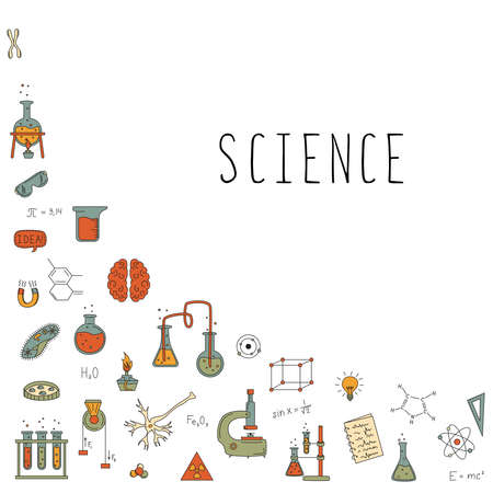 Science set with elements of science. Flasks, mikrokop, formulas and more. The concept of physics, chemistry, biology.のイラスト素材