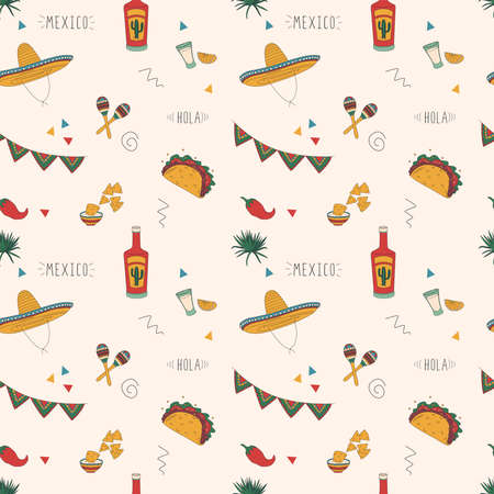 Seamless pattern with Mexican elements. Cactus, skull, hat and more. Hand-drawn flat vector illustration.のイラスト素材