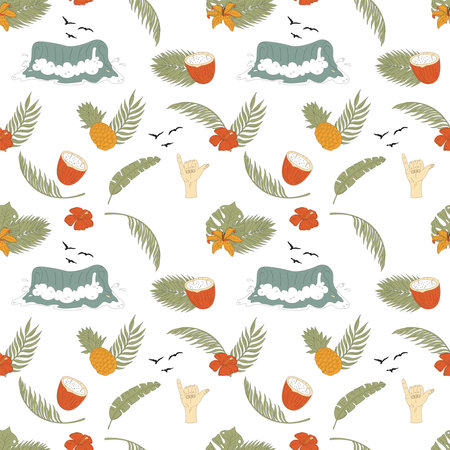 Seamless pattern with hand-drawn elements with a surf theme. Wave, surf, palm trees and more.のイラスト素材