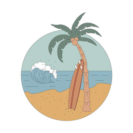 Badge with sea, palm tree and surfboard in a circle. Flat vector illustration. The concept of surfing.のイラスト素材