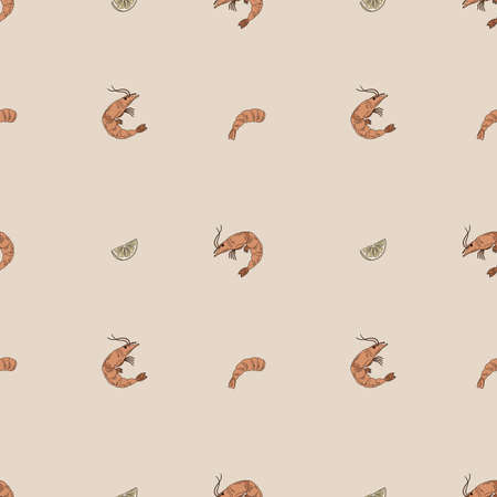 Seamless pattern with shrimp and lemon slices. Flat hand drawn vector illustration. For printing on menus, fish restaurants, packaging. sea food.のイラスト素材