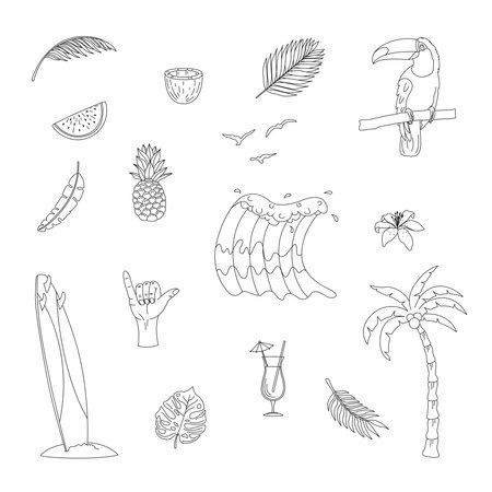 A set of hand drawn surfing elements. Waves, surfboard, palm trees, tropical leaves and more. Flat vector illustration.のイラスト素材