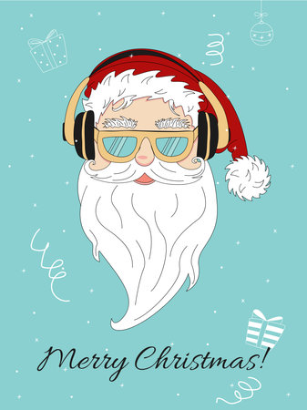 Poster with Santa Claus in glasses and headphones. The inscription Merry Christmas.のイラスト素材