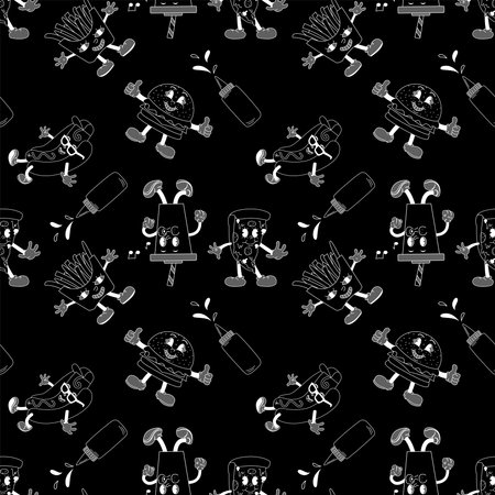 Seamless pattern with characters mascots burger, pizza, hot dog. Outline vector illustration in doodle style.のイラスト素材