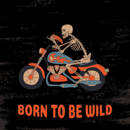 Born to be wild. A skeleton on a motorcycle with a slice of pizza. Flat vector illustration, grunge. Print for clothes, notebooks, etc.のイラスト素材