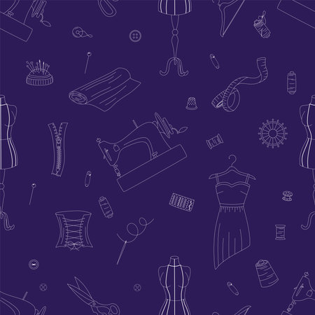 Seamless pattern with sewing elements. Sewing machines, dresses, buttons, scissors, needles, etc. Flat outline vector illustration.のイラスト素材