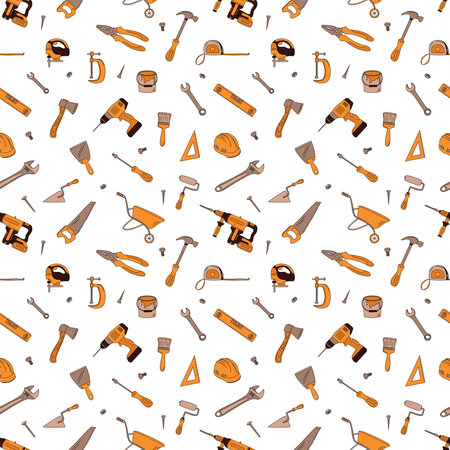 Seamless pattern with building elements. Flat hand drawn vector illustration. construction tools.のイラスト素材