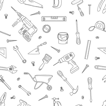 Seamless pattern with building elements. Outline vector illustration in doodle style. construction tools.のイラスト素材