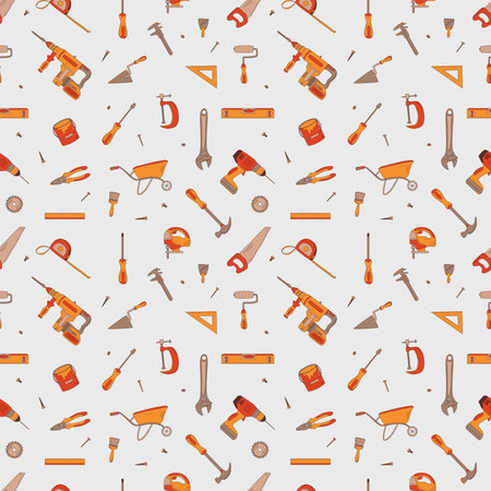 Seamless pattern with building elements. Flat hand drawn vector illustration. construction tools.のイラスト素材