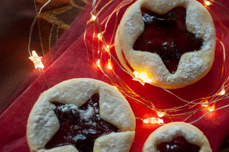 Linzer Christmas cookies. Christmas decoration, lights