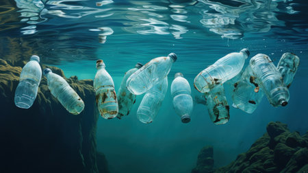 Ocean pollution. Plastic reuse. Waste management. Environmental contamination. Wet empty creased bottles in water.の素材