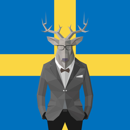 Stylish deer in black suit. Sweden flag background.Glasses.のイラスト素材