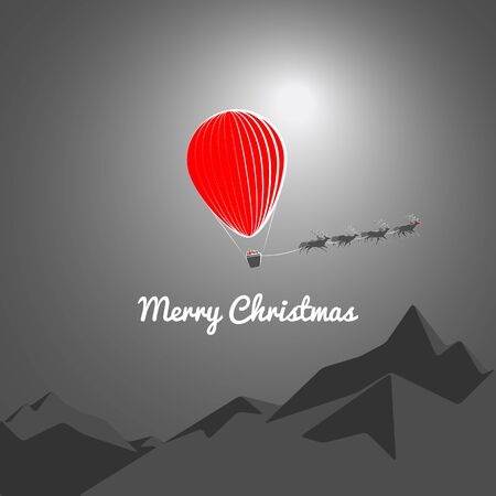 Christmas with Santa is coming. Christmas card with flat, red hot-air balloon & flying deers.Merry Christmas!のイラスト素材