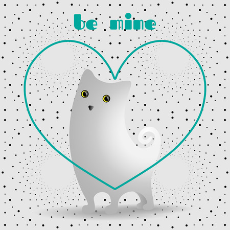 Cute white cat in turquoise, linear heart. Dotted pattern background.のイラスト素材
