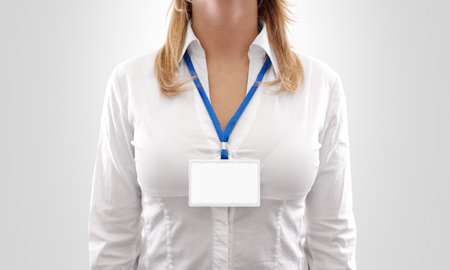 Woman wear blank white horizontal badge mockup, stand isolated.
