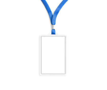 Blank bagde mockup isolated on white. Plain empty name tag mock up hanging on neck with string.