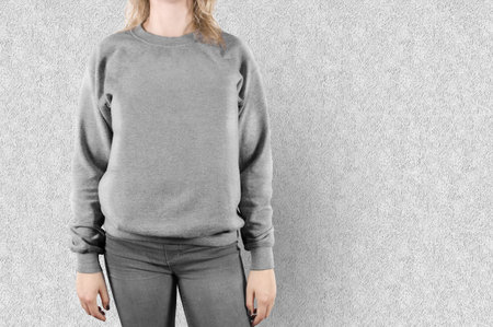 Blank sweatshirt mock up isolated. Female wear plain hoodie mockup. Empty hoody design presentation....