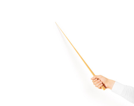 Hand holding wood classroom pointer isolated.