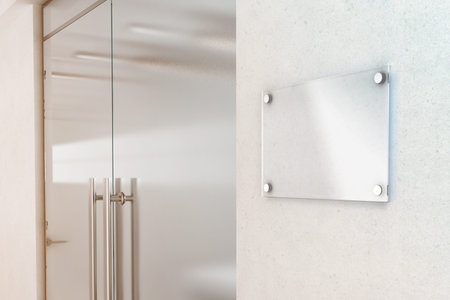 Blank transparent glass sign plate design mockup, 3d rendering. Nameplate mock up on the wall near...