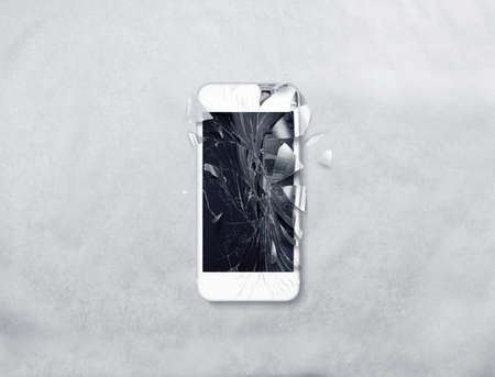 Broken mobile phone screen, scattered shards. Smartphone monitor damage mock up. Cellphone crash and scratch. Telephone display glass hit. Device destroy problem. Smash gadget, need repair.の写真素材