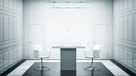 Blank white luxury office interior design, 3d rendering. Bright empty work meeting room mock up,...