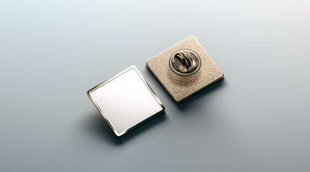 Blank white gold lapel badge mock up, front and back side view, 3d rendering. Empty luxury hard enamel pin mockup. Golden clasp-pin design template. Expensive square brooch for logo presentation.の写真素材