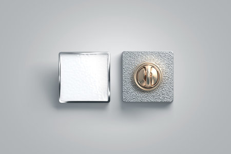 Blank white enamel pin mock up, front and back side view, 3d rendering. Empty luxury hard lapel badge mockup. Silver clasp-pin design template. Matal square brooch for logo presentation.の写真素材