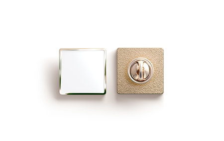Blank gold enamel pin mock up, front and back side view, 3d rendering. Empty luxury hard lapel badge mockup. Golden clasp-pin design template. Matal square brooch for logo presentation.の写真素材