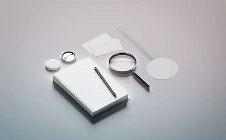 Book presentation design mock up elements, 3d rendering. Blank objects mockups, bookish store presenting template. Bookshop branding identity set. Empty wobbler, business cards, pin, textbook.の写真素材