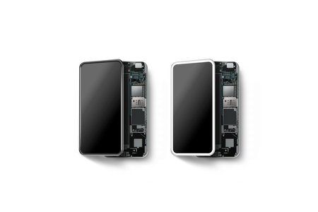 New modern smart phones with opened shell isolated, chip, motherboard, processor, cpu and details,...