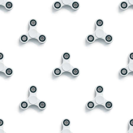 Blank white fidget spinner mockup, top view, 3d rendering. Clear spinning toy mock up, front seamless template. Empty stress reliever tri-spinner. Trend teenager device for branding printingの写真素材